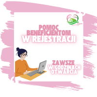 Ilustracja przedstawiająca kobietę z ciemnymi włosami pracującą na laptopie. Nad nią duży napis: ‘Pomoc beneficjentom w rejestracji’. W prawym dolnym rogu: ‘Zawsze w godzinach otwarcia’. Logo 'Kwitnący Dom' w prawym górnym rogu.
