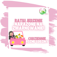Ilustracja promująca ratowanie żywności przed zmarnowaniem. Na górze znajduje się duży, różowy napis: ‘Ratuj jedzenie narażone na zmarnowanie’. W tle widać różowy samochód z uśmiechniętą kobietą w chuście za kierownicą. W samochodzie przewożone są produkty spożywcze, takie jak chleb, banany, sok, warzywa i mleko. W prawym górnym rogu znajduje się logo organizacji ‘Kulinarny Dom’.