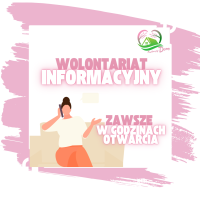 Grafika z kobietą siedzącą na kanapie, rozmawiającą przez telefon. Napis: ‘Wolontariat informacyjny’ i ‘Zawsze w godzinach otwarcia’. Logo ‘Kwitnący Dom’ w prawym górnym rogu.