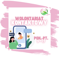 Ilustracja z kobietą rozmawiającą przez telefon na tle dużego smartfona. Wokół widoczne emotikony. Tekst: ‘Wolontariat kontaktowy’ oraz ‘Pon.–Pt. 9–17’. Logo ‘Kwitnący Dom’ w rogu.
