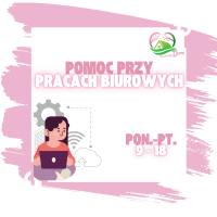 Postać siedząca z laptopem na tle symboli biurowych (trybik, chmura, budynek). Napis: ‘Pomoc przy pracach biurowych’, poniżej: ‘Pon.–Pt. 9–18’. Logo w górnym rogu.
