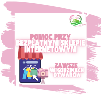 Grafika z ikoną sklepu internetowego i aparatem fotograficznym. Napis: ‘Pomoc przy bezpłatnym sklepie internetowym’. Pod spodem: ‘Zawsze w godzinach otwarcia’. Logo w rogu.